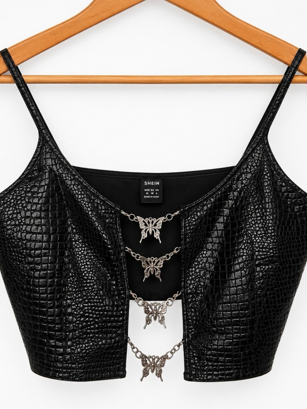SHEIN Black Faux Croc Butterfly Chain Crop Cami